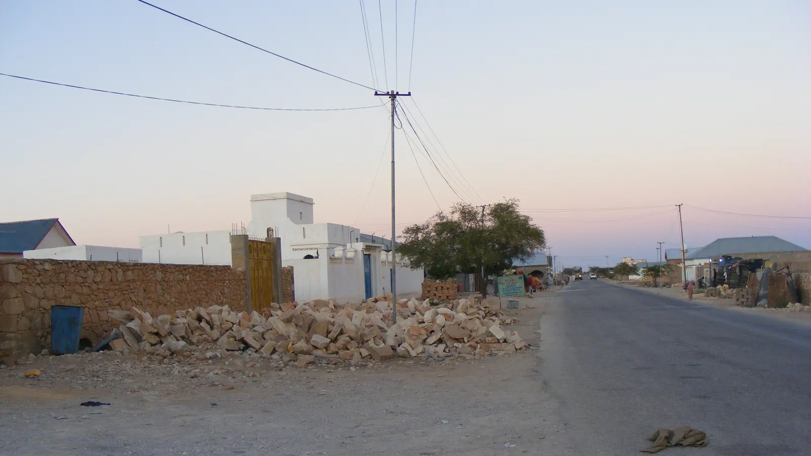 A street in Qardho, Puntland, at dusk