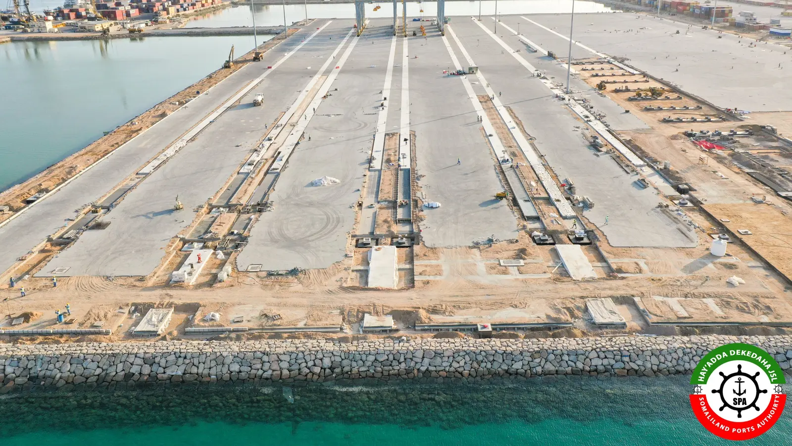 The new quay and yard at Berbera port under construction, seen from the air