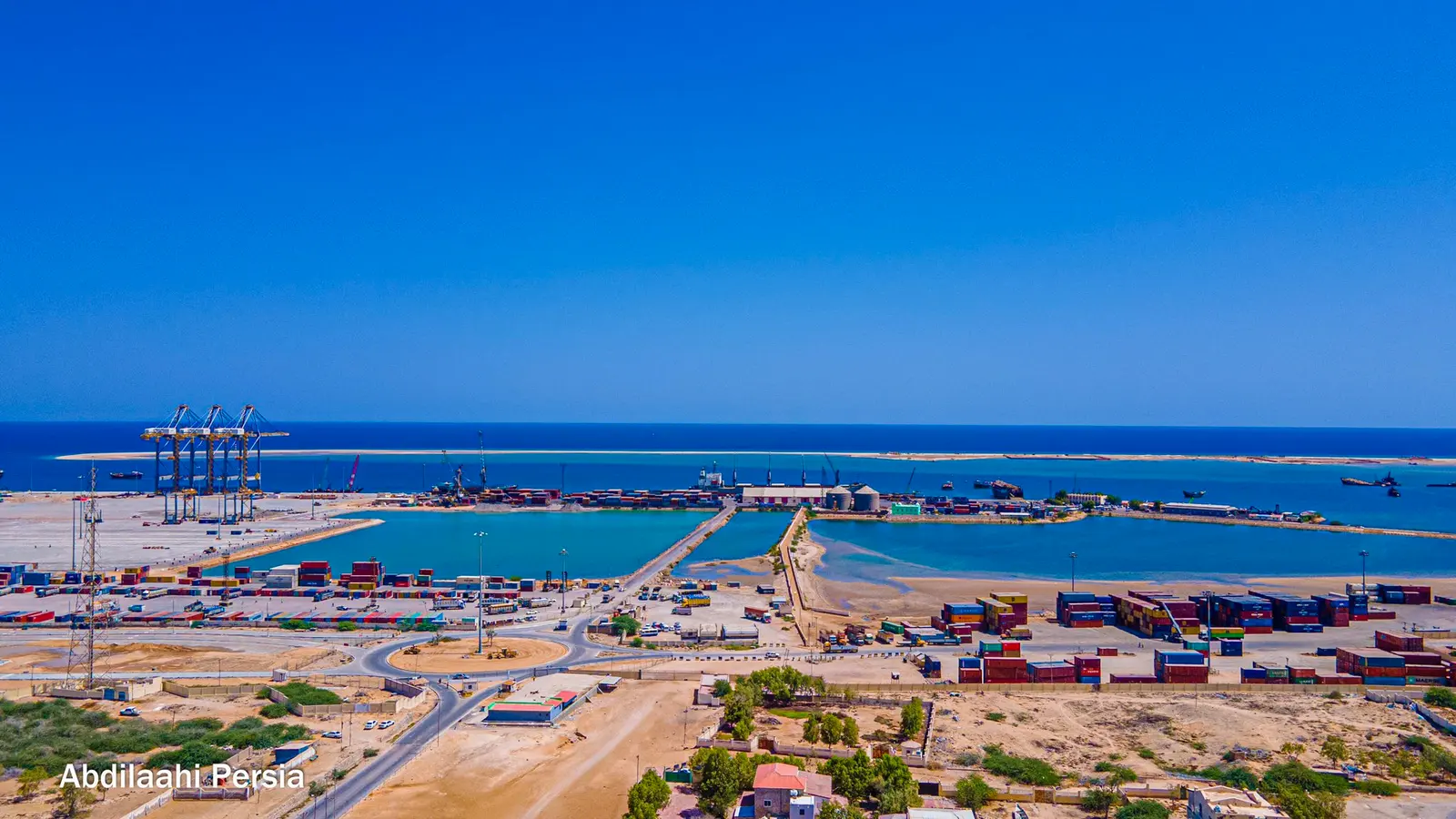 Aerial view of the Berbera container terminal with ship-to-shore cranes on the quay